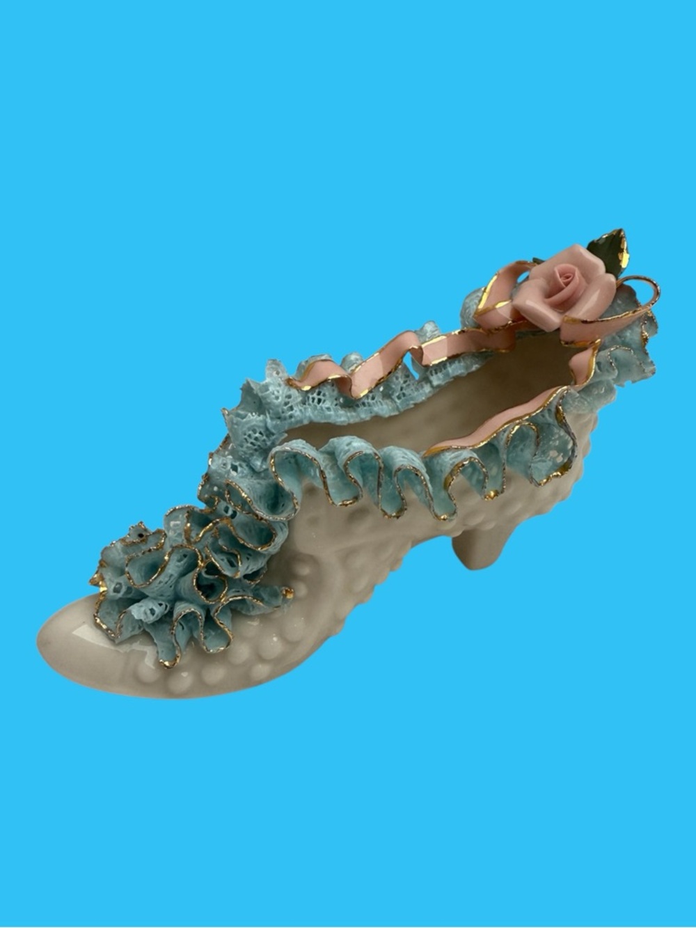 Vintage Porcelain Decorative Shoe Slipper Pink Roses Hobnail Mid-Century 50s